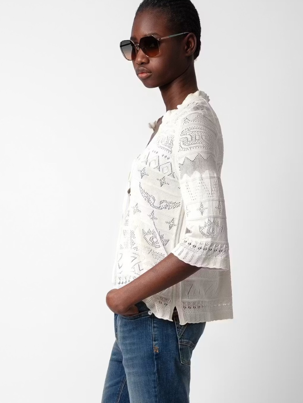 Zadig & Voltaire Taho Jumper Sweater Size Large Ecru Lace Cotton 3/4 Sleeves (S)